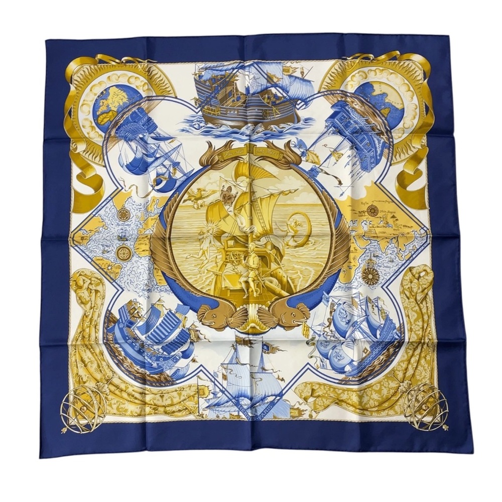 Hermes Carré 90 Au-dela des cinq mers Blue x Gold Silk Scarf